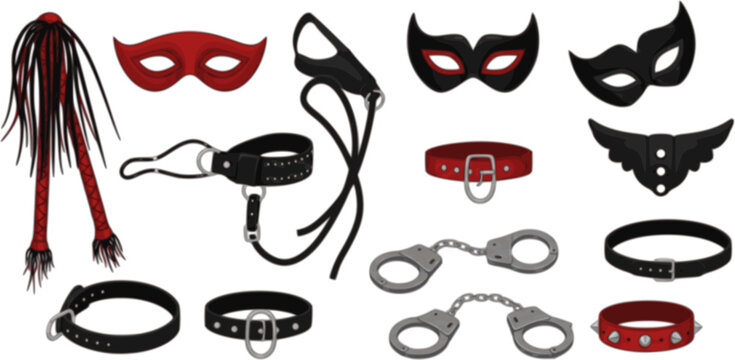 BDSM sex set for role play. Toys and accessories for adults. Masks and whips, handcuffs, gag, collar, belt. Black and red vector images in a flat style