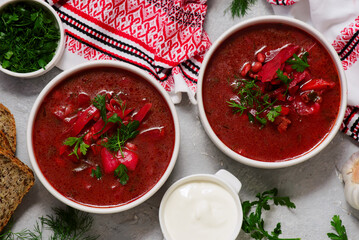Ukrainian borscht with sour cream in bowls. top  view. .style hugge