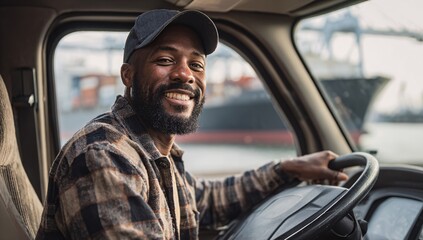 Smiling Truck Driver in Plaid Jacket Holding Steering Wheel Inside Vehicle