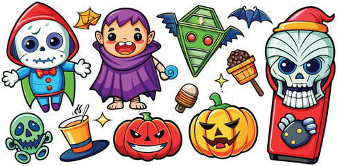 Fototapeta premium Happy Halloween day element background vector. Cute collection of spooky ghost, pumpkin, bat, candy, cat, skull, spider, grave, castle. Adorable halloween festival elements for decoration, prints.