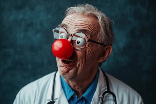 An elderly Caucasian man with gray hair and glasses wears a red clown nose. He appears surprised and joyful, embodying the spirit of April Fool's Day.