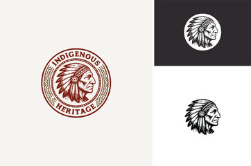 Rustic American Native Indigenous Old Man wearing headdress, Vintage Indian Tribe Chief Silhouette Illustration Badge Label with traditional tribal pattern frame logo design