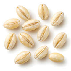 Obraz premium Close-up of pearled barley grains isolated on a white background, highlighting their smooth,