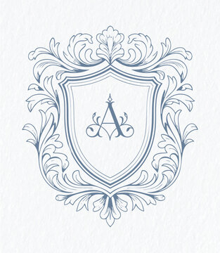 Vintage baroque wedding crest monogram illustration. Ornate shield emblem with elegant floral scrolls.