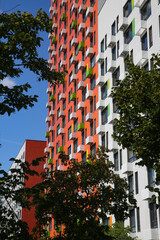 Facades of houses in the new microdistrict called Buninskie Lugy (