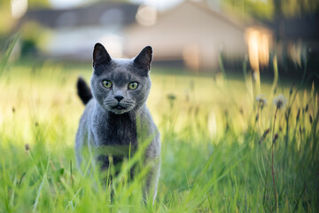 Cat hunting mice on sunset field