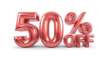 Shiny rose gold metallic balloons forming fifty percent off sale symbol against a clean white background for retail promotions