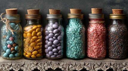 Flat lay of assorted colorful candies arranged neatly in vintage jars on textured fabric for confectionery and sweet treat themes.