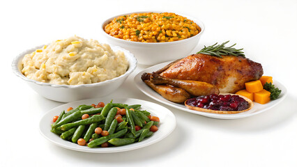 A thanksgiving feast featuring roast chicken, mashed potatoes, beans, and squash on white plates