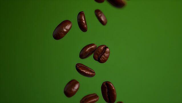 Closeup macro shot of isolated roasted brown coffee beans on a green background