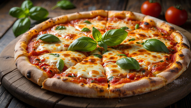 Delicious gourmet Italian pizza with salami, tomatoes, and melted mozzarella cheese on a wooden board