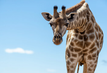 Naklejka premium A closeup shot of a gentle, curious giraffe gazing attentively beneath a beautiful, bright blue sky