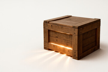 A wooden box with a glow inside. Space for text.