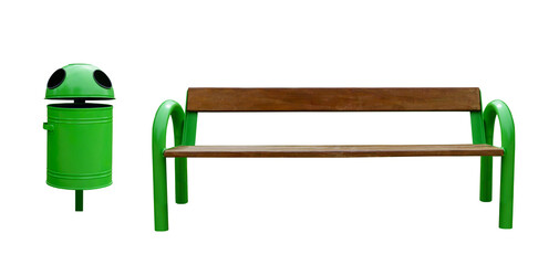 wooden bench and trash can isolated on white background