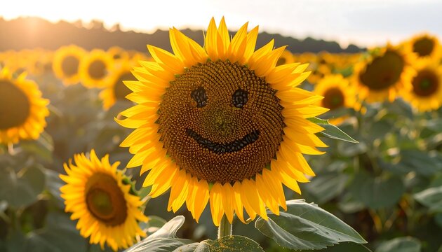A sunflower field with a happy face sunflower in focus. Golden yellow flowers under a soft sunset light - Powered by Adobe