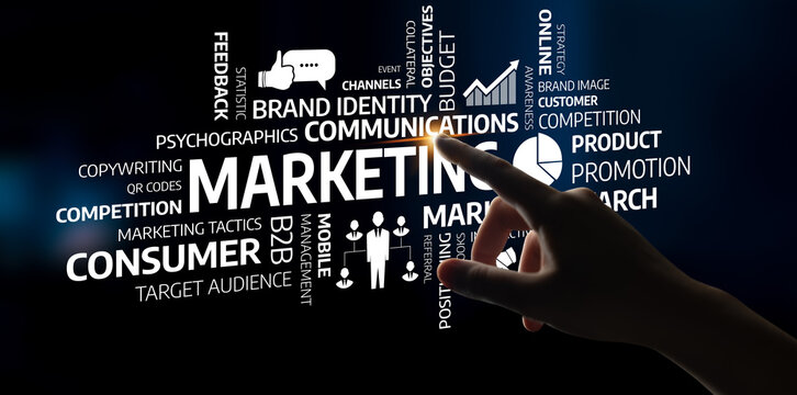 A visual representation of marketing strategies showcasing various components like brand identity, consumer research, and promotion techniques that drive business success. Tessel