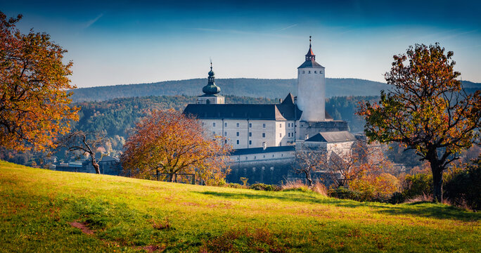 Panoramic autumn view of Forchtenstein Castle, Austria, Europe. Nice morning scene of apple garden in outskirts of Forchtenstein town, district of Mattersburg in the Austrian state of Burgenland,.