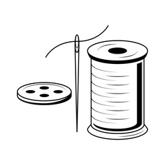 Abstract Doodle Elements Hand Drawn Outline Needle With Spool Of Thread Sketch Vector Design Style Isolated On White Background Illustration For Knitting, Embroidery, Sewing 