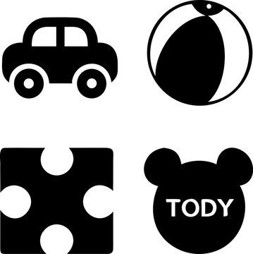 Playful icons featuring a car, beach ball, puzzle piece, and bear head with 'TODY' text.