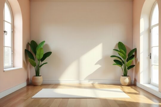 A serene yoga studio mockup featuring a soothing color palette and natural wood floors for a relaxing atmosphere, studio, peaceful