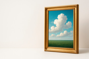 Painting with a cloudy sky in a golden frame. Space for text.