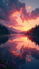 Obraz premium A tranquil lake at sunset, symbolizing peacefulness and serenity , meditation, calm