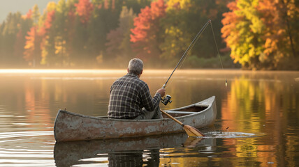 Lone fisherman gliding in wooden canoe on still lake at sunset surrounded by vibrant autumn foliage