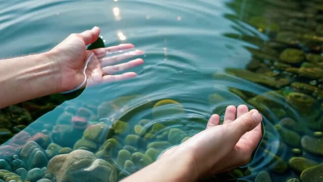 Manos tocando el agua en una laguna 