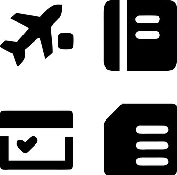 Streamline travel plans with this icon set featuring an airplane, passport, ticket, and checklist for seamless journeys.
