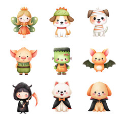 Naklejka premium Cute cartoon characters in Halloween costumes with whimsical designs and vibrant colors. Halloween Character isolated on white background, Transparent Background