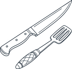 Detailed line art illustration of a kitchen knife and slotted spatula, essential cooking utensils for food preparation, culinary tools for kitchen design and restaurant menu graphics.
