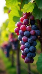 Naklejka premium Overripe bunches of grapes hang heavy on the vine, ready for harvest Sunlight dapples the leaves, highlighting the deep purple hues of the fruit A bountiful autumn scene , nature, bunches, sunlight