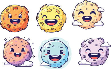 Cute cartoon full moon characters with smiling faces, colorful planet moons, kawaii round moon clipart, happy vector moons for kids design