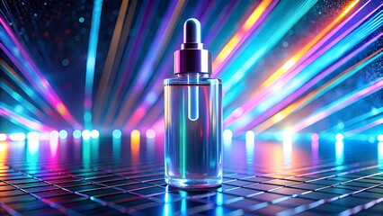 Naklejka premium Modern skincare serum bottle glowing with vibrant neon light for beauty and wellness promotions