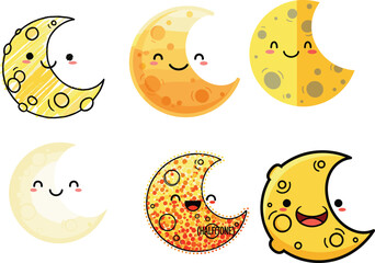 Cute cartoon moon cheese characters with smiling faces, kawaii lunar illustration, yellow crescent moons, funny cheese moon clipart for kids design