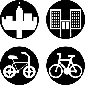 Modern city transportation icons showcase urban cycling and buildings for sustainable city planning