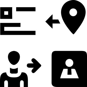 Modern icons representing data transfer, location tracking, user profiles, and communication.