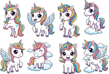 Cute unicorn vector set, cartoon, rainbow mane, wings, cloud, stars, magical, fantasy, children, sticker, pastel, smiling, adorable, illustration