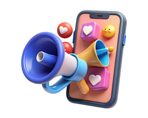 3D Render of a Megaphone with a Blue Rim Coming Out of a Smartphone Displaying Social Media Icons