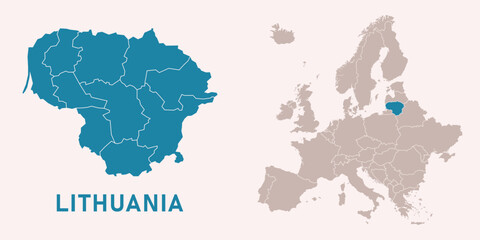 Map of Lithuania with administrative divisions and highlighted position on Europe map. Isolated on white background. Vector illustration.