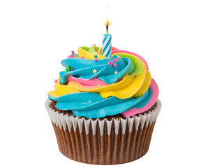 Birthday Cupcake with Candle and Swirled Icing, Isolated on Transparent Background