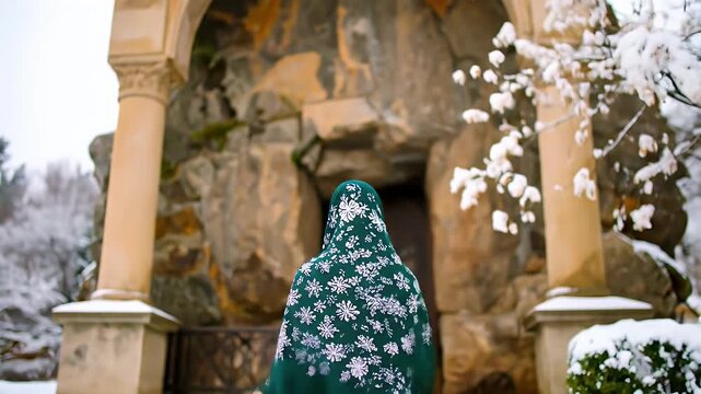 A woman in a patterned emerald green shawl stands outdoors, enveloped by a wintry scene.
