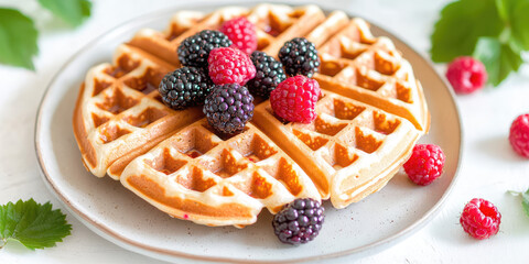 Golden waffles topped with blackberries and raspberries sit on a white plate. Breakfast, delicious dessert, fresh berries
