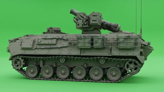 Armored Mortar Carrier on Green Screen - Side profile view of a military armored mortar carrier against a green screen background.