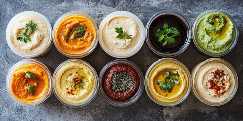 Various colorful dips in small round containers arranged on a surface, garnished with herbs. Assorted dips, culinary variety, appetizing presentation