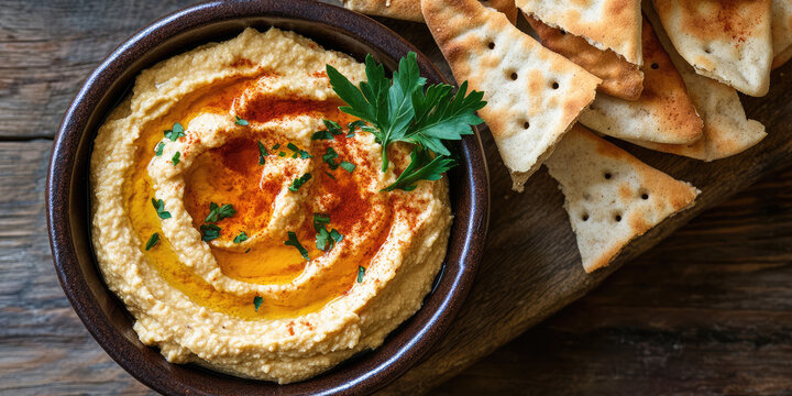 Bowl of hummus garnished with herbs and paprika, next to a wooden board with triangular crackers. Snack with dip on a rustic table setting