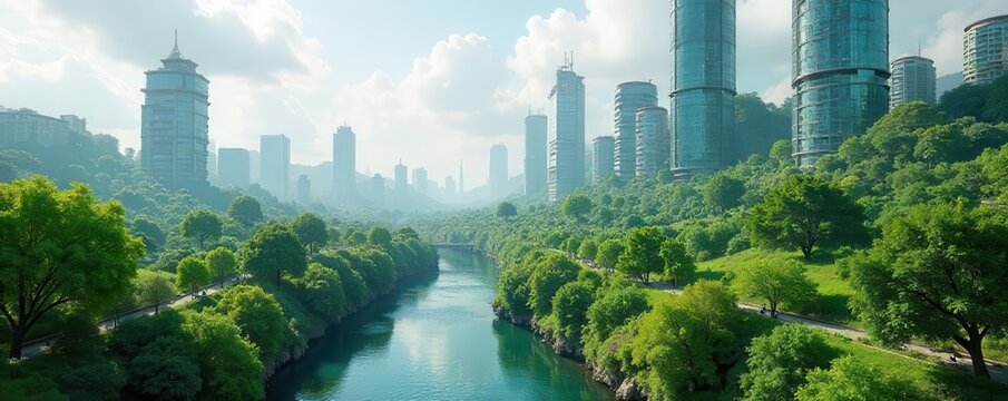 A futuristic cityscape with green infrastructure promoting sustainability and combating climate change , futuristic city, landscape