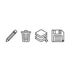 Simple line icons representing common computer operations like edit, delete, layers, and save, suitable for user interface design and educational materials.