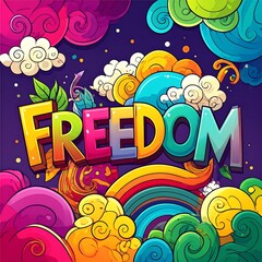 Fototapeta premium Colorful graphic design featuring clouds, swirls, and the word 