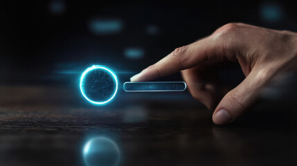Man's hand interacting with futuristic virtual search interface touching glowing blue button